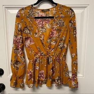 Mustard Floral Faux Wrap Peplum Blouse, Medium